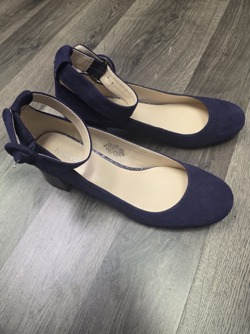 Women's Navy Suede Ankle-Strap Low Block Glitter Heel